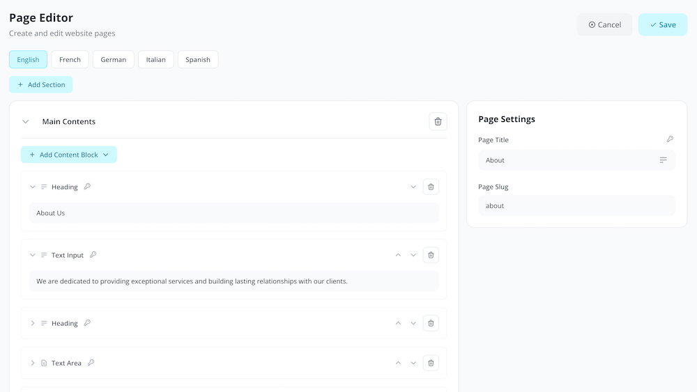 Pages Management Interface